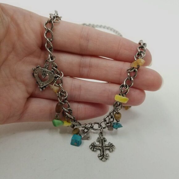 Vintage Charm Necklace, Silver Tone Chain, Beaded, Hearts, Cross, Estate - Picture 2 of 4